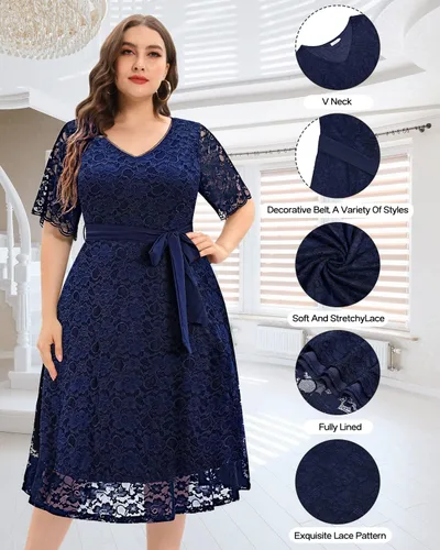 Miniatura 5 de Vestido midi de manga corta con encaje para mujer, talla grande, para despedida de soltera, invitada de boda, cóctel, semiformal, cuello en V