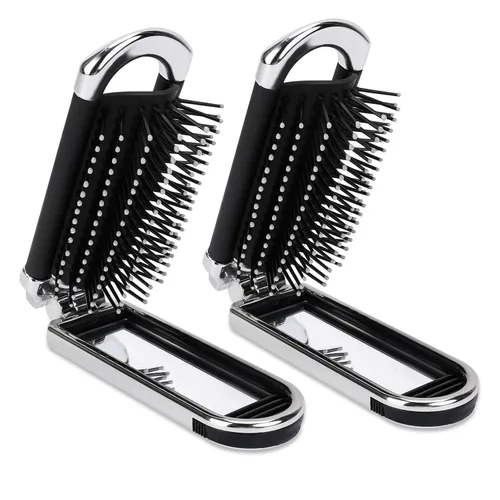 Miniatura 9 de Cepillo de pelo de viaje con espejo y peine de masaje, paquete de 2 herramientas de peinado compacto plegable para mujeres y hombres 2 Pack negro