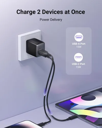 Miniatura 3 de Cargador de Carga Rápida wegear USB C, Cargador Nano GaN de 30 W de Doble Puerto con Enchufe Plegable para iPhone Serie 16/15, iPad, Galaxy S24 Negro