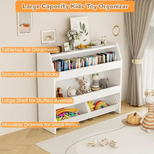 Miniatura 4 de COZPAW Organizador de almacenamiento de juguetes, estante Montessori de 3 niveles con contenedores móviles (blanco)