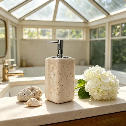 Miniatura 4 de Dispensador de jabón de travertino, accesorios de baño, dispensador de loción de piedra cuadrada orgánica natural prémium con bomba de metal