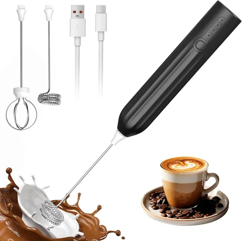 Espumador de leche potente recargable de mano con 2 cabezales inoxidables, 3 velocidades, mezclador de bebidas, batidor eléctrico para café, lattes,