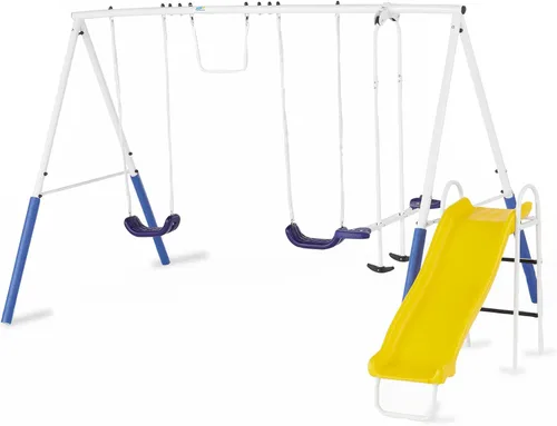 XDP Recreation Blue Ridge - Juego de patio trasero con marco de metal resistente con cubiertas de cadena, deslizador, trapecio, 2 columpios y