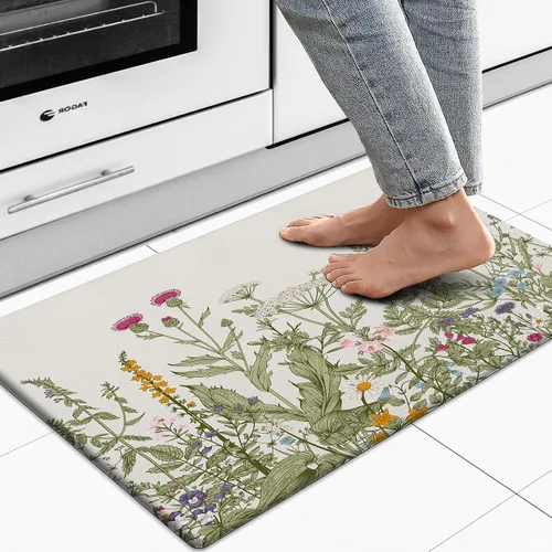 Miniatura 9 de MAYHMYO Alfombra de Cocina Anti Fatiga Tapete de Cocina Acolchado Negro Plantas Florales Lindas Alfombras de Cocina Vintage Antideslizantes