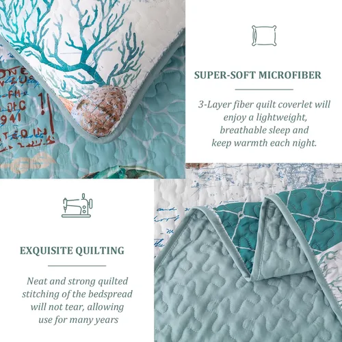 Miniatura 4 de DJY Beach Quilt Set Queen Size,3 Piece Coastal Ocean Summer Bedspread Coverlet Set with 2 Pillow Cases Lightweight Soft Microfiber Nautical Bedding