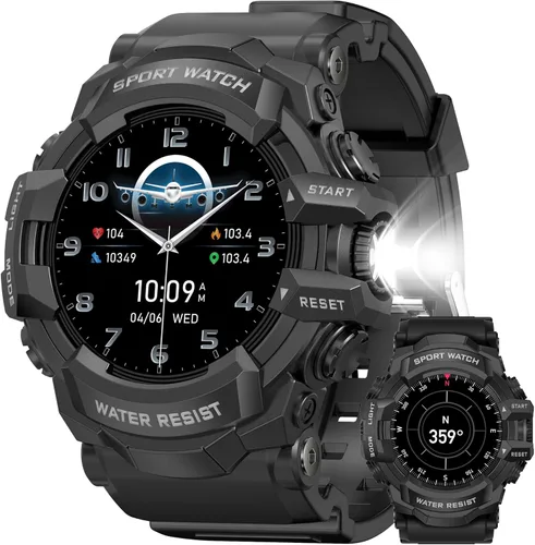 MIDDOW Reloj inteligente militar con linterna (respuesta/hacer llamada), brújula, podómetro/frecuencia cardíaca/sueño/más de 100 modos deportivos,