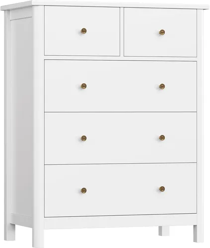 HOUSUIT Cómoda blanca con 5 cajones, cómoda alta, cómoda de 5 cajones con espacio profundo, armario de almacenamiento de madera para sala de estar,