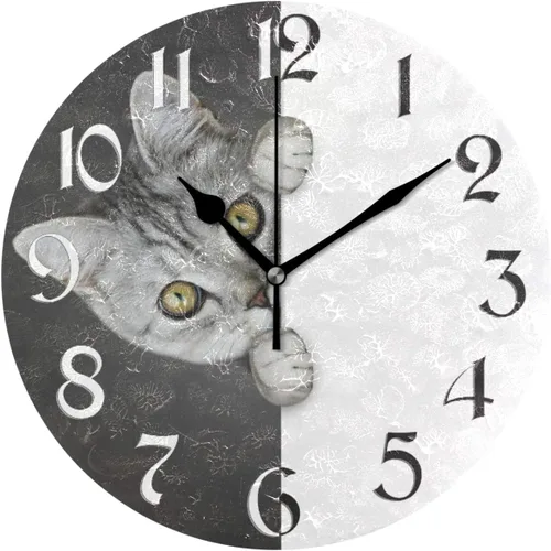 Miniatura 7 de Naanle Reloj de pared redondo con diseño de gato con pintura al óleo, Van Gogh, silencioso, sin tictac, funciona con pilas, para decoración