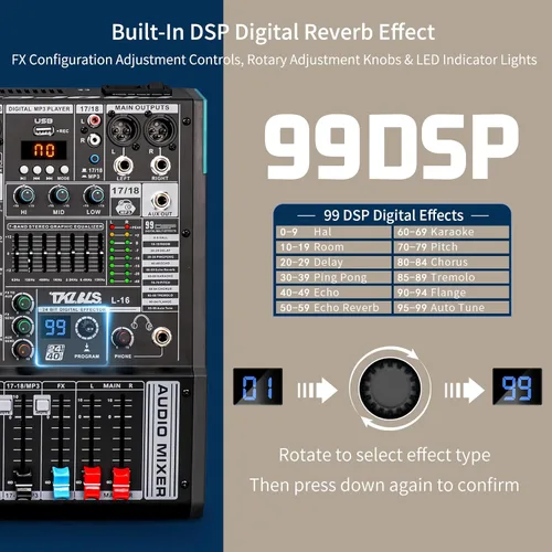 Miniatura 5 de Mezclador de audio, TKLBLS profesional de 16 canales, mesa de mezclas para DJ con DSP de 99 bits, consola de mezclas de sonido de 7 bandas de EQ