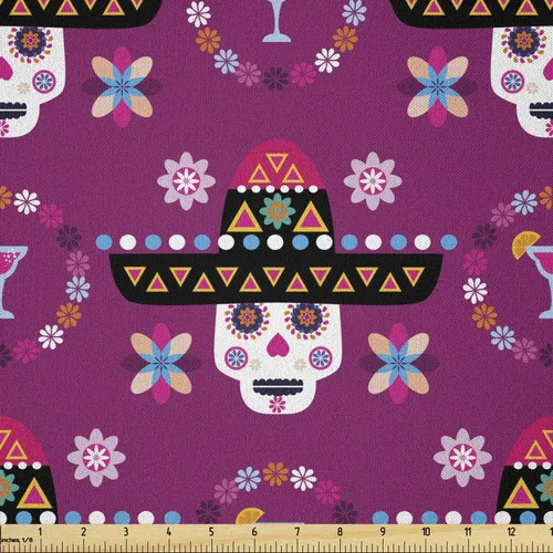Miniatura 32 de Ambesonne The Yard, tela de calavera colorida con temática de Halloween, diseño de calavera y huesos cruzados, divertido estampado de dibujos