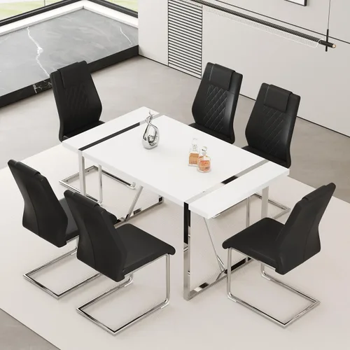 Miniatura 28 de Juego de mesa de comedor moderna de 55 pulgadas para 4, mesa de comedor negra y marco de metal dorado, mesa de comedor rectangular con 4 sillas