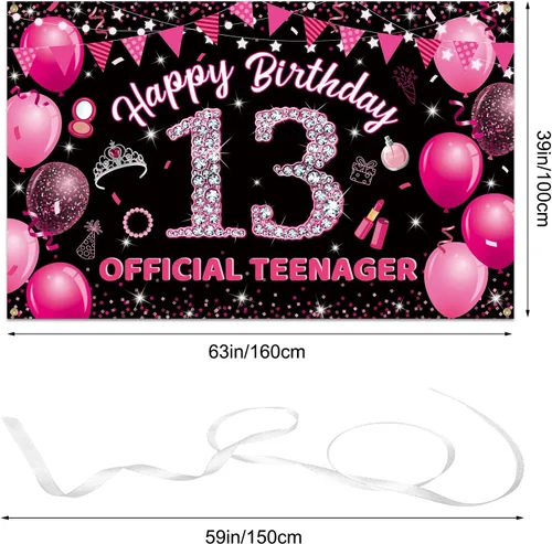 Miniatura 7 de Telón de fondo para fotografía de cumpleaños de 13 niñas, color rosa intenso, con purpurina y diamantes de color rosa intenso, para fotos de fiesta
