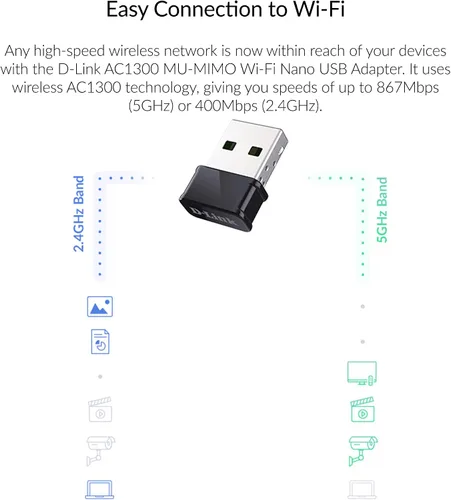 Miniatura 2 de D-Link Adaptador USB WiFi de doble banda AC1300 inalámbrico para Internet para PC de escritorio, portátil, juegos, MU-MIMO, compatible con Windows