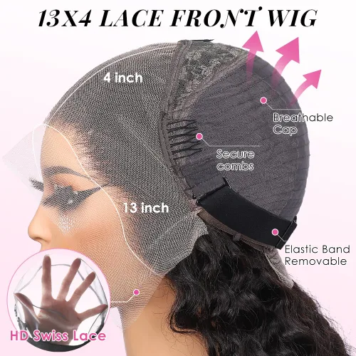 Miniatura 4 de CYNOSURE Pelucas de encaje frontal 13x4 de cabello humano prearrancado, densidad del 180%, brasileña rizada con encaje frontal, peluca con cabello