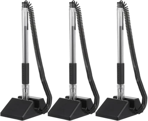 NUOBESTY 3 bolígrafos de seguridad con cadena, soporte adhesivo para mostrador de bolígrafo, bolígrafos de escritorio de tinta de gel negro con