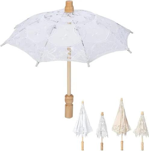 Watris Veiyi Sombrilla de encaje, sombrilla de novia, sombrilla vintage con mango de madera para bodas, fiestas de té, decoraciones de fotografía