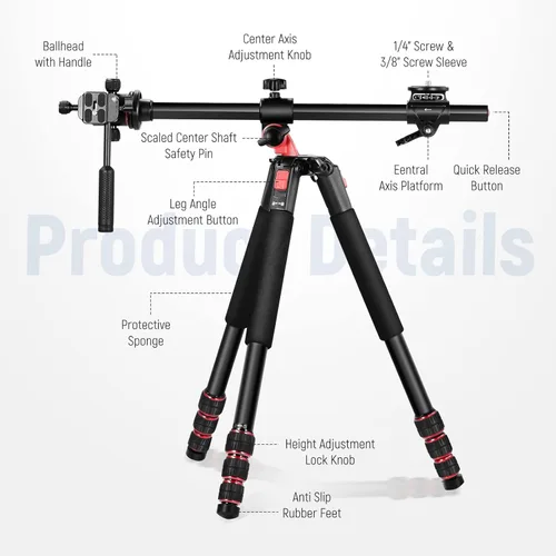 Miniatura 2 de NEEWER Trípode Horizontal de 73.6" con Columna Central Multiángulo, Cabezal Esférico y Plataforma de Eje Central, Trípode Monopie de Cámara