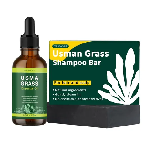 Barra de champú natural de jugo Usma + juego de aceites esenciales, oscurecimiento y crecimiento del cabello, jabón de depilación gris para hombres