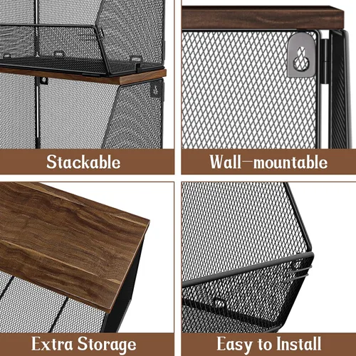 Miniatura 5 de Cesta de frutas apilable para encimera de cocina, ahorro de espacio, cesta de alambre de malla de metal montada en la pared con tapa de madera, Negro