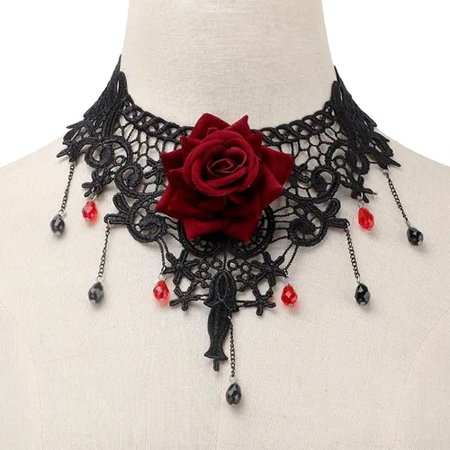 Miniatura 2 de Gargantilla gótica de encaje negro rosa roja para mujer, Zinc, No es una piedra preciosa