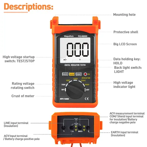 Miniatura 2 de Megohmmeter 200 Gig Ohm - Probador de resistencia de aislamiento digital de 500 V/1 kV/2.5 kV/5 kV, voltaje de rango automático, probador
