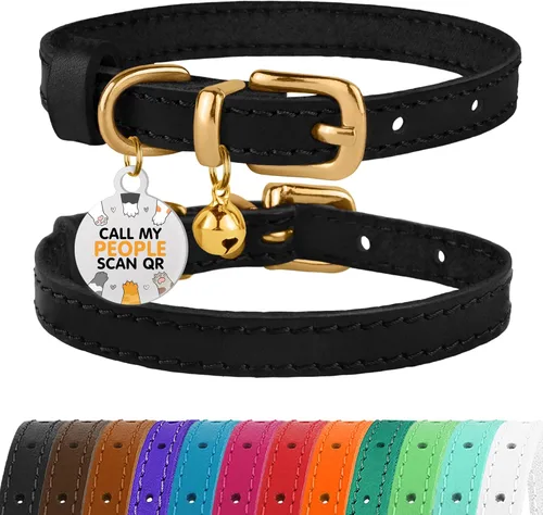 Miniatura 26 de BRONZEDOG Collar de cuero para gato con campanas extraíbles sin liberación rápida, etiqueta QR para gatito para niña y niño