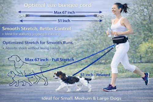 Miniatura 5 de Correa para perro manos libres con cinturón y bolsa grande con cremallera, correa de cintura para pasear perros, correr y senderismo, costuras Negro