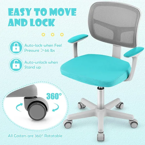 Miniatura 7 de GLACER Silla de escritorio para niños, silla de estudio giratoria de malla ajustable con ruedas, brazos, silla ergonómica para computadora con Verde