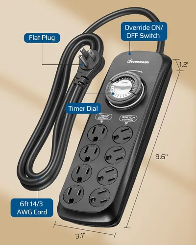 Miniatura 7 de DEWENWILS - Tira de enchufes con temporizador mecánico de 8 salidas, cable de alimentación de 6 pies y enchufe plano, temporizador mecánico