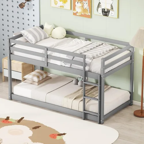 Miniatura 4 de Harper & Bright Designs Litera baja individual sobre individual, litera de madera individual para niños con escalera, marco de litera de suelo