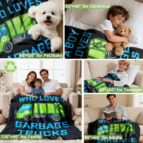 Miniatura 4 de Manta de camión de basura con texto en inglés "Boy Who Loves Garbage" para niños y hombres, manta de franela para regalo, manta de franela acogedora