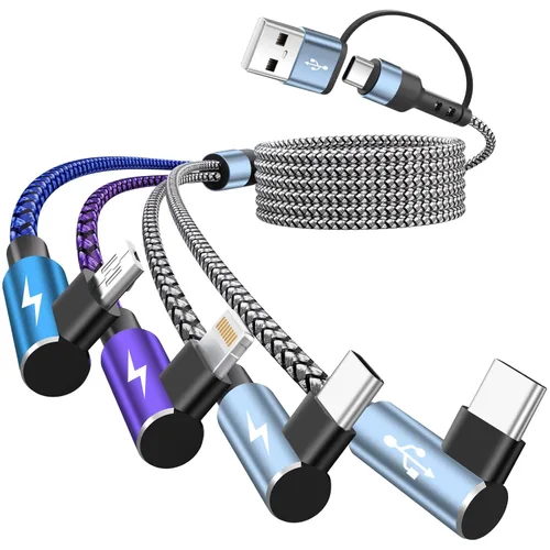 Cargador de teléfono de 90 grados, cable de carga múltiple 4 en 2, cable USB C CarPlay con doble tipo C, micro USB, puerto IP, cable USBC de nailon