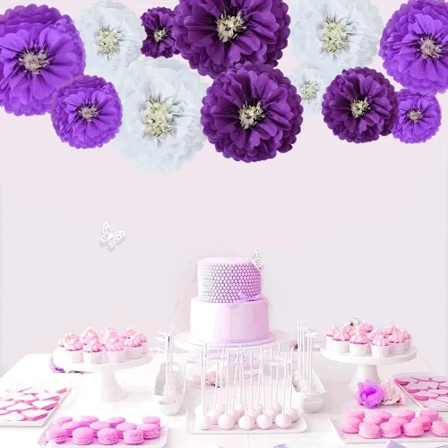 Miniatura 6 de BEISHIDA Flores de papel de seda para colgar, color lavanda, morado y blanco, flores de papel, manualidades para Halloween, boda, cumpleaños, baby