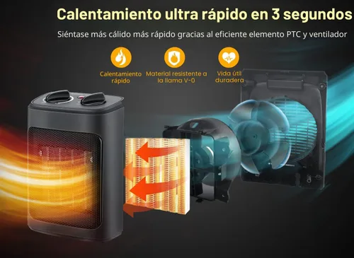 Miniatura 4 de Calentador de espacio, calentadores eléctricos portátiles de 1500 W para interiores con termostato, pequeño calentador de habitación de cerámica