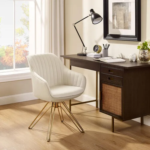 Miniatura 8 de Zouron Silla giratoria moderna de mediados de siglo con patas de metal dorado, silla de escritorio tapizada sin ruedas, silla de oficina lateral Oro