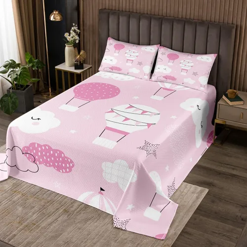 Miniatura 20 de Manfei Lindo pingüino para niños, tamaño individual, juego de colcha de princesa con lazo rosa con globo aerostático, decoración de habitación