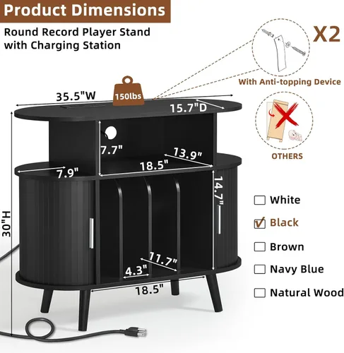 Miniatura 2 de LELELINKY - Soporte grande redondo para tocadiscos con estación de carga y estante de exhibición acanalado, gabinete para tocadiscos color negro