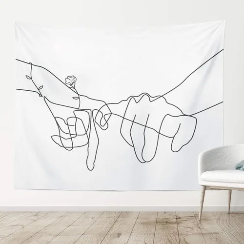 Miniatura 2 de Manicer Tapiz de promesa Pinky en blanco y negro, arte de pared de Jurar amor, línea de arte tomados de la mano, decoración de pared abstracta