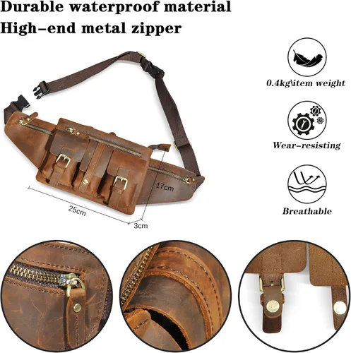Miniatura 2 de Grueso caballo loco cuero senderismo equitación viaje al aire libre cinturón riñonera riñonera pequeña bolsa de teléfono para hombres mujeres 380