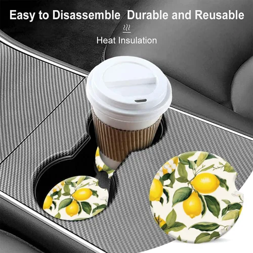 Miniatura 6 de Portavasos de automóvil para mujeres y hombres, paquete de 2 portavasos de cerámica con limones y flores blancas, elegantes accesorios interiores