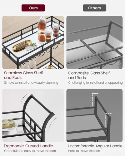 Miniatura 7 de VASAGLE Carrito de bar negro, carrito de servicio para bar en casa, carrito de vino con 2 estantes espejados, soportes para vino, soportes
