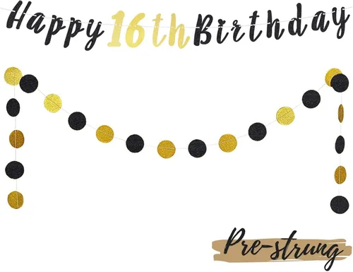 Miniatura 29 de Juego de decoración de cumpleaños número 100 – Cartel de feliz cumpleaños número 100 con puntos circulares de purpurina negra y dorada que saluda a