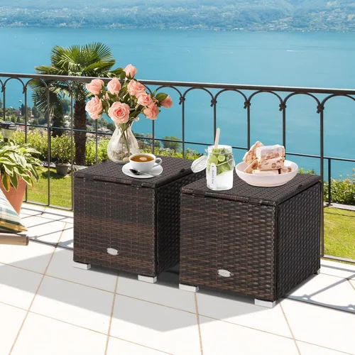 Miniatura 3 de Tangkula - 2 asientos otomanos de patio, mesa lateral de ratán PE tejido a mano de Patiojoy con cojín extraíble y espacio de almacenamiento oculto