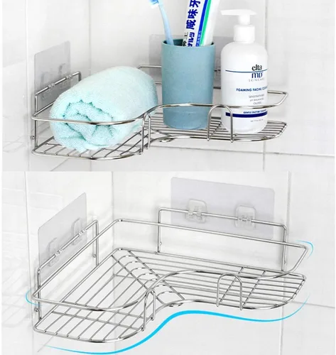 Miniatura 7 de Paquete de 2 organizadores de ducha esquineros, estante adhesivo de baño montado en la pared, estante de baño de acero inoxidable, organizador