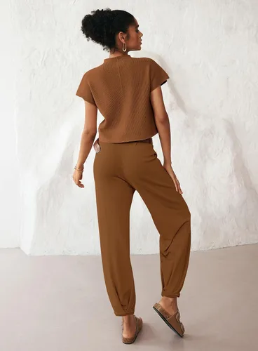 Miniatura 2 de MEROKEETY Conjunto de dos piezas para mujer, suéter de punto, sin botones, pantalones de cintura alta, conjunto de chándal