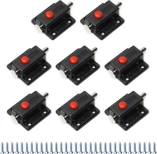 Miniatura 12 de MroMax Pestillo de perno de puerta con resorte, cierre deslizante de plástico ABS negro con botón de interruptor para puerta, gabinete, accesorios