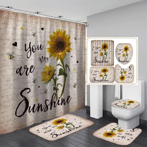AZHM Juego de 4 cortinas de ducha de girasol con alfombras You are My Sunshine, juego de cortinas de baño con 12 ganchos