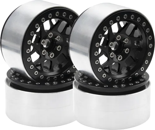 Paquete de 4 llantas HIRCQOO Metal Beadlock de 2.2 pulgadas, 12 bujes hexagonales compatibles con Axial SCX10 90046 SCX10-III Redcat Gen7 D90 Negro