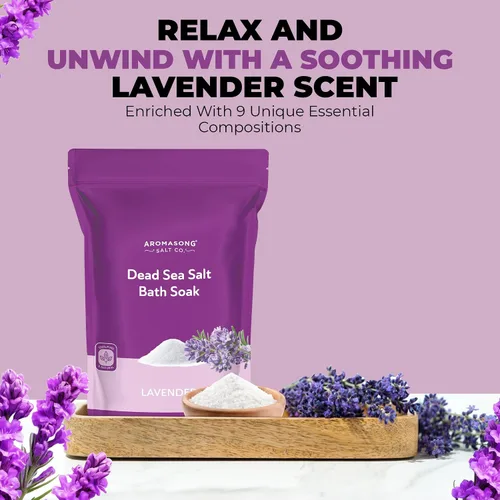 Miniatura 5 de Aromasong Sal del Mar Muerto para remojar con aceite esencial de lavanda natural, 14 onzas, sal de baño de spa, grano fino, 7 usos por paquete