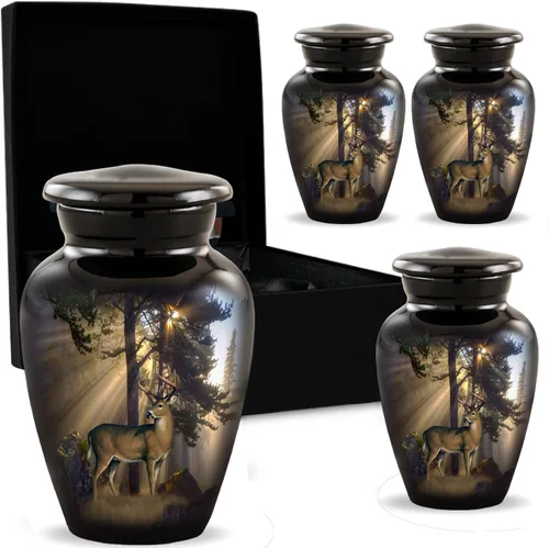 Urnas de recuerdo de caza de venado con rayos de sol – Juego de 4 urnas mini de venado majestuoso para cenizas humanas – Urna de cremación
